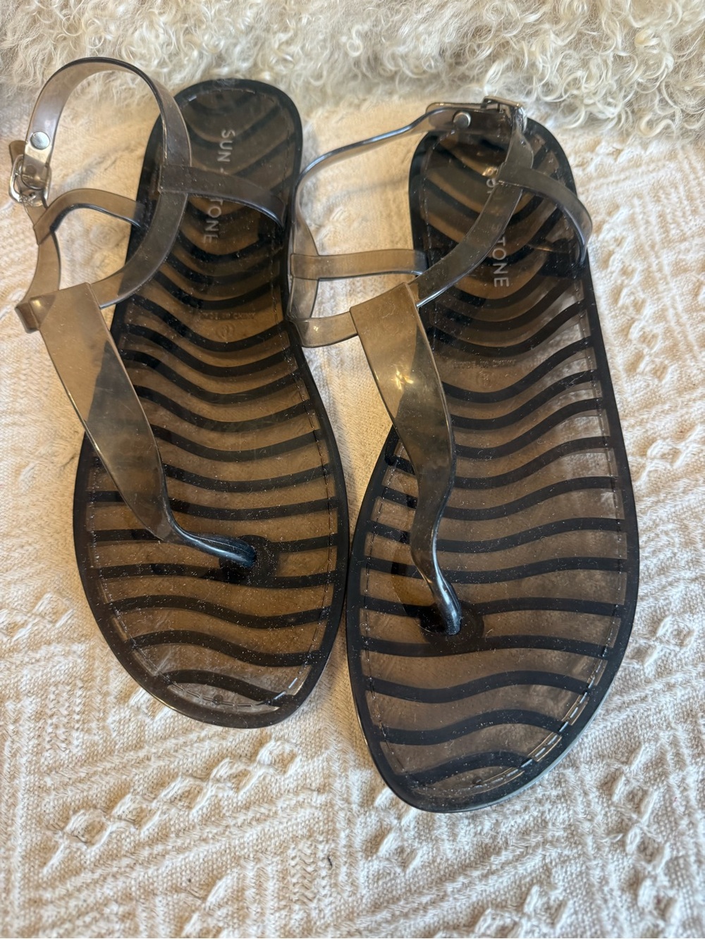 Sun + Stone Black Clear Jelly T-Strap Sandals